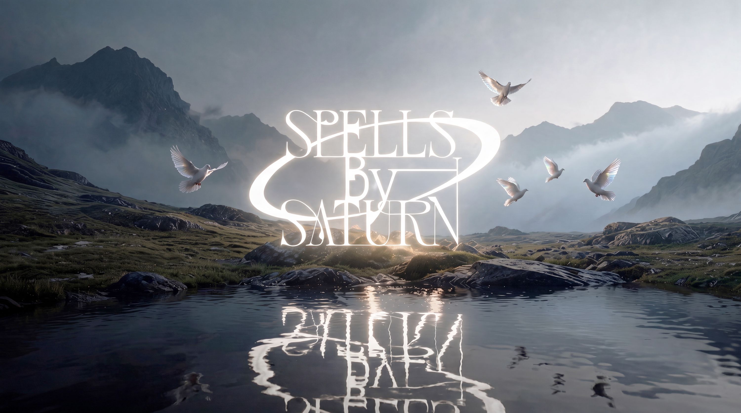 Spells by Saturn: luminous sigil over misty mountains and reflective water